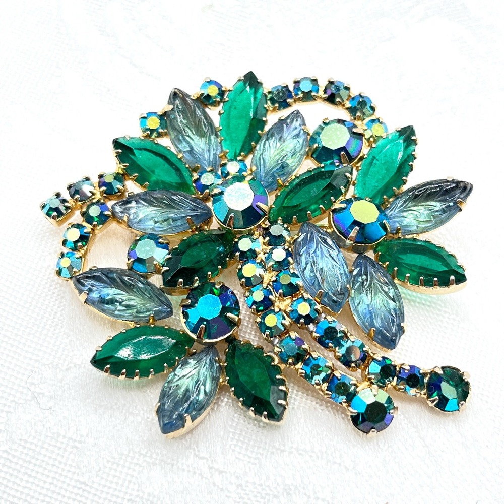 Vintage Green AB Navette & Crystal Rhinestones Gold Tone Bouquet Floral Brooch‎
